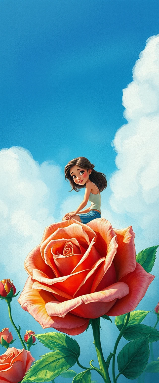 Mujer durmiendo sobre una rosa gigante en estilo acuarela