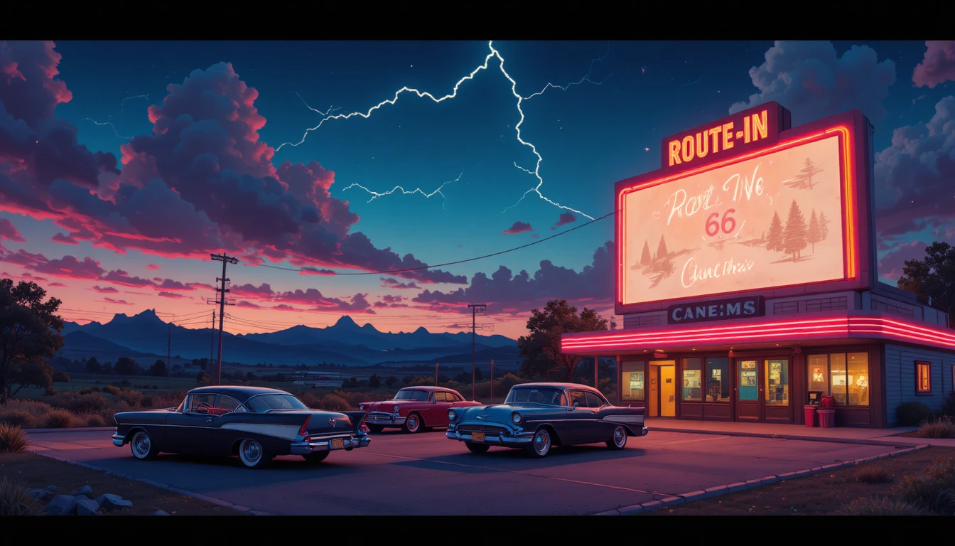 Nostalgisches Autokino mit Oldtimern in der Dämmerung