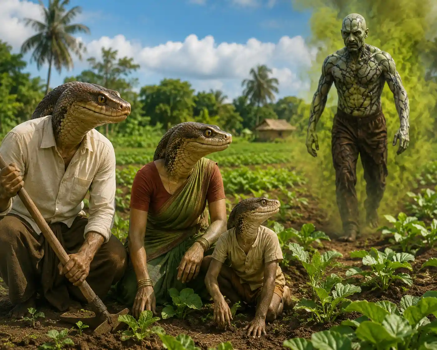Snake headed family with human bodies working in green fields