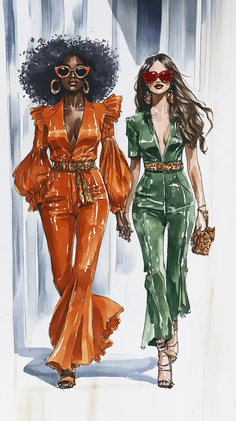Seventies fashion women walking arm in arm in watercolor