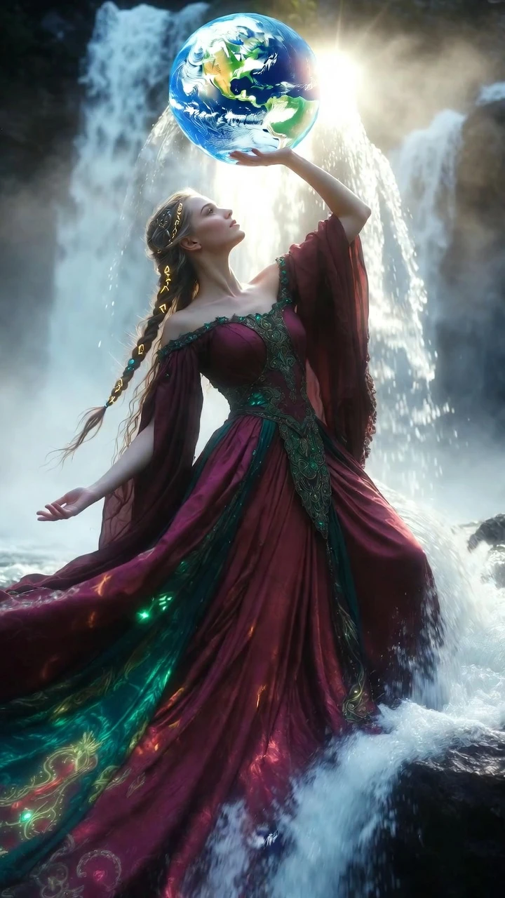Mother nature raising the earth with cascading waterfall