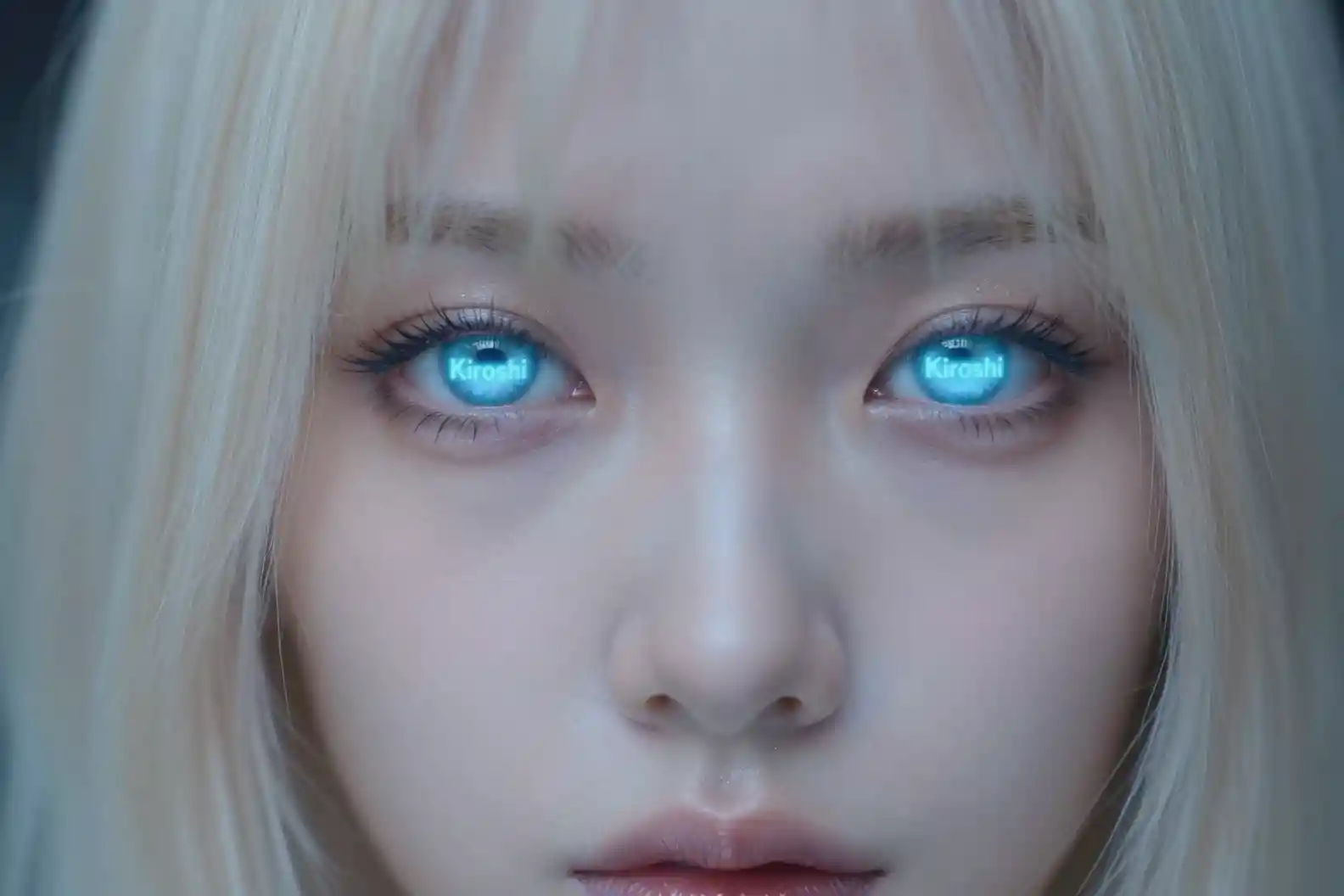 Extreme close up of cybernetic eyes with platinum blonde hair