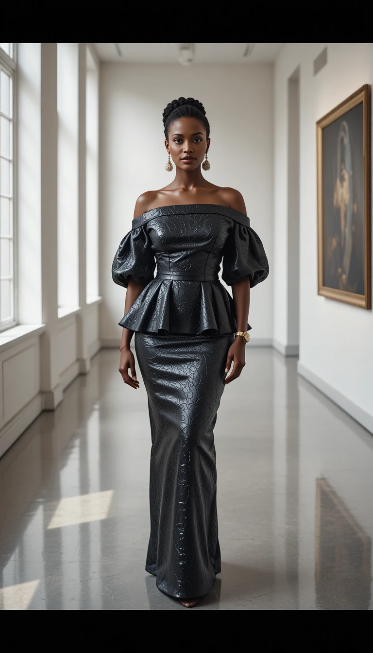 Elegante Donna Nera in Abito di Pelle in una Galleria d'Arte Moderna