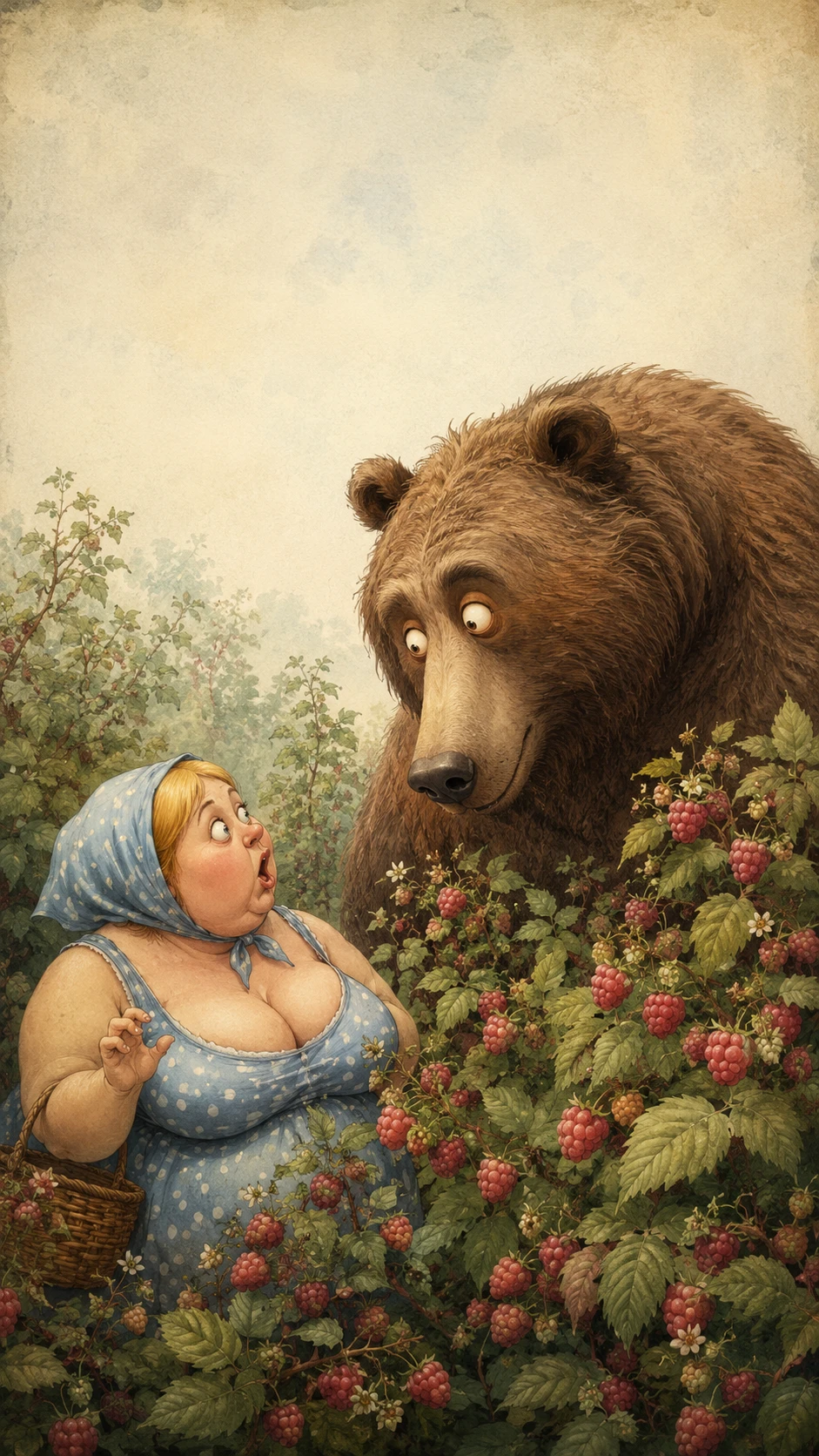 Woman meets curious brown bear in raspberry thicket