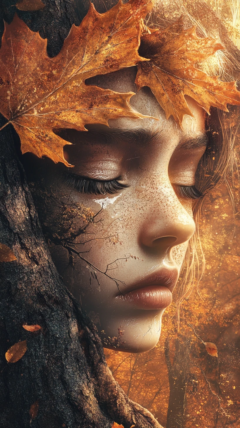 Rostro de mujer llorando en una hoja otoñal que cae en el bosque