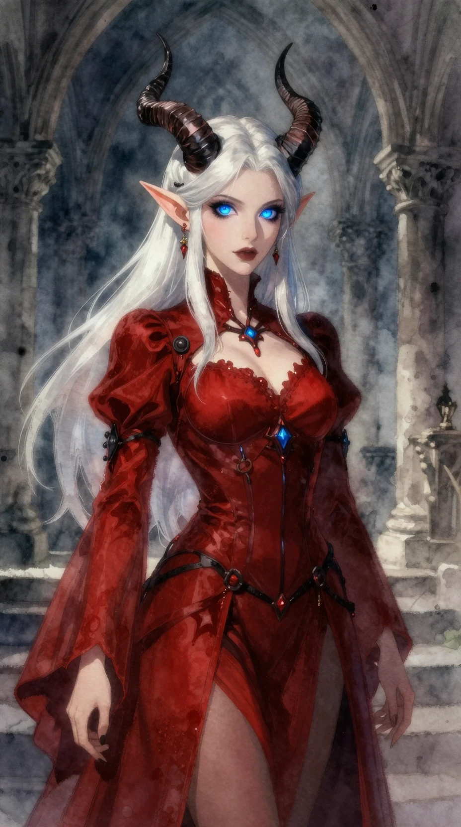 Mujer tiefling de rojo en una antigua iglesia gótica