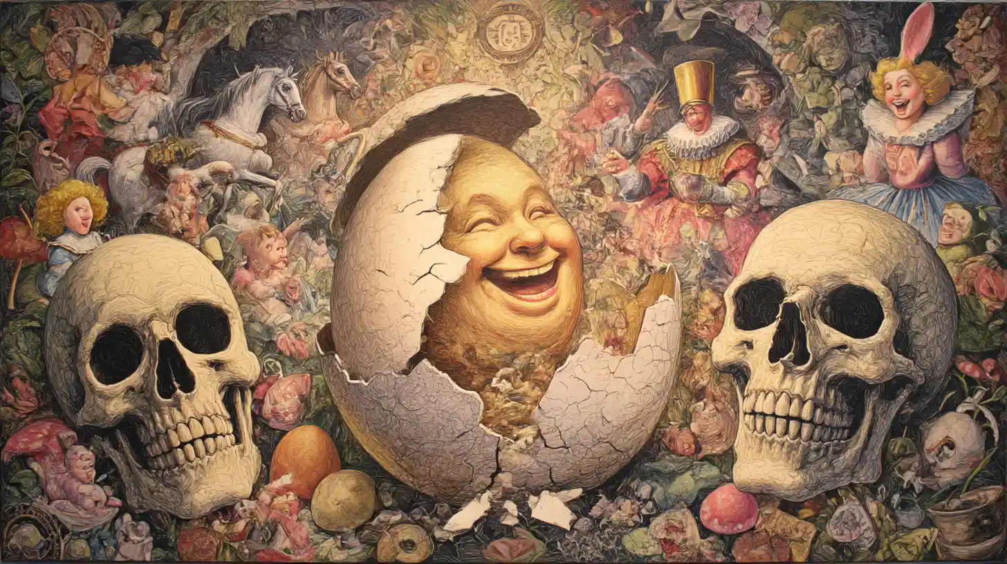 Humpty Dumpty zerbrochen unter spöttischen Märchen-Zuschauern