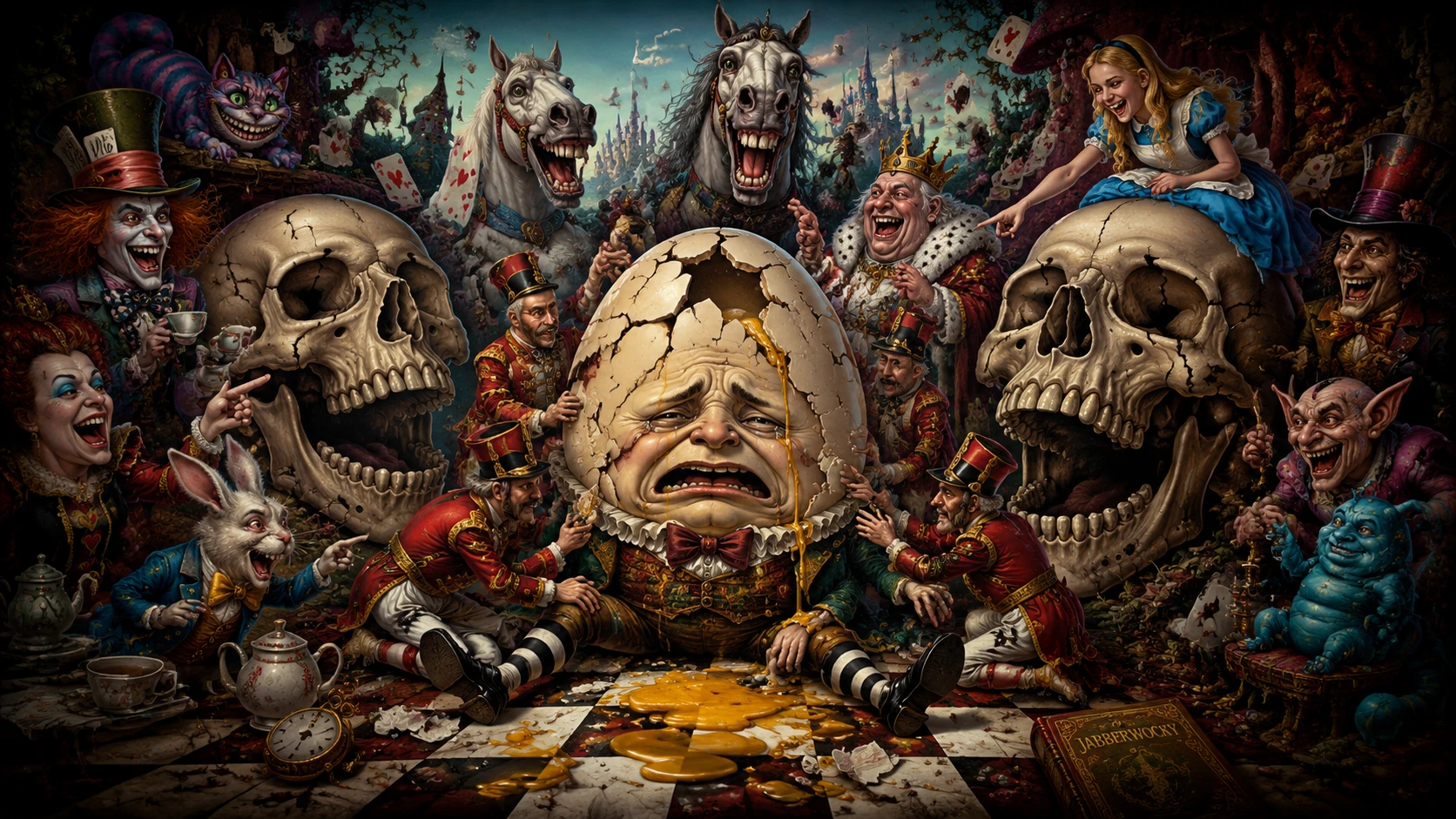 Humpty Dumpty shattered on a wall in surreal chaos