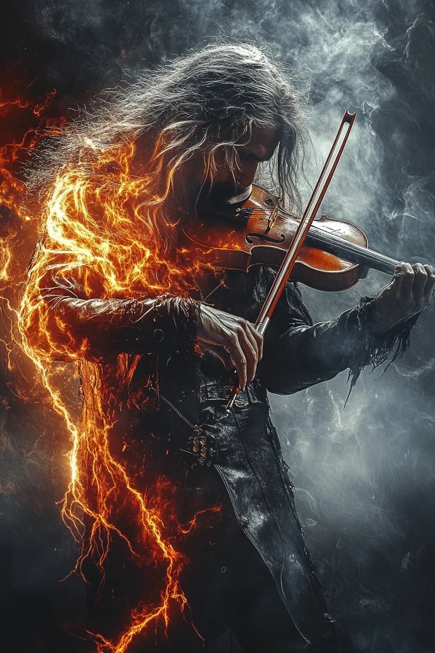 Violinista su palco fumoso con violino elettrico fiammeggiante