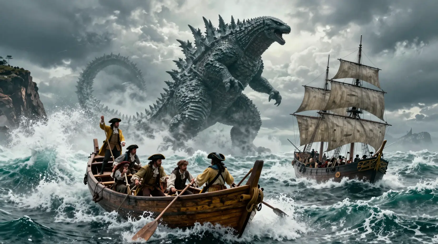Sailors Battle A Stormy Sea Before A Towering Monster