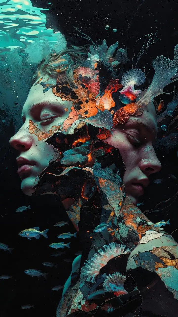 Surreal double profile portrait merging woman and ocean life