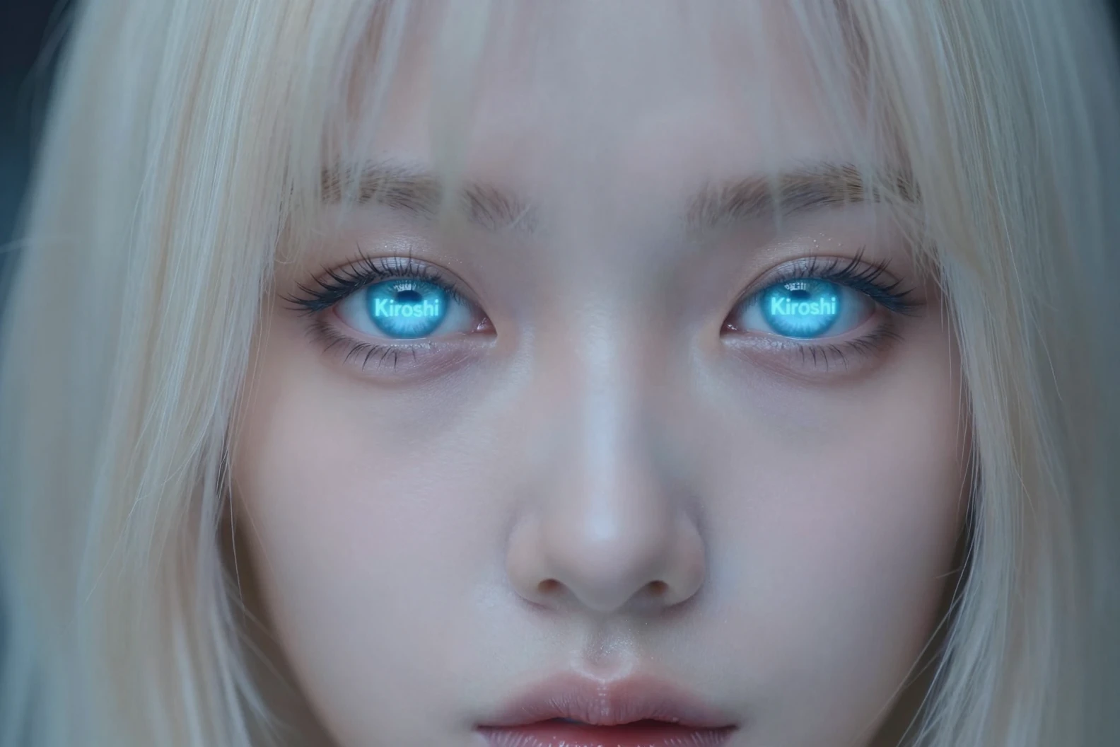 Close extremo de olhos cibernéticos com cabelo loiro platinado