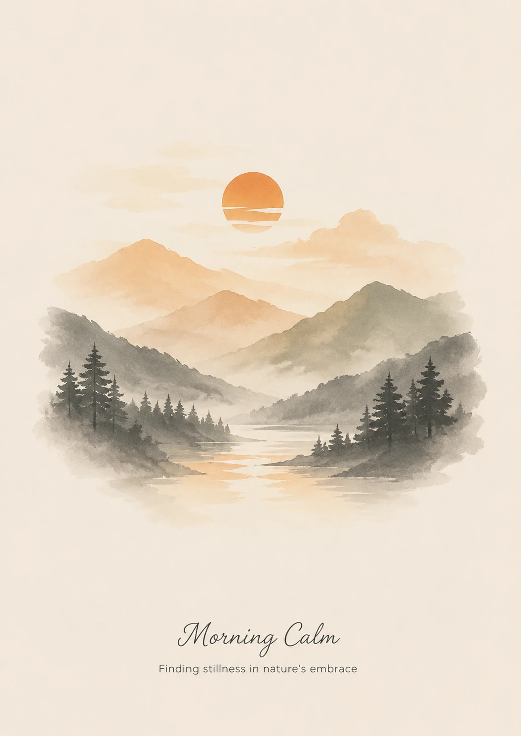 Minimal ink wash landscape with soft geometric forms