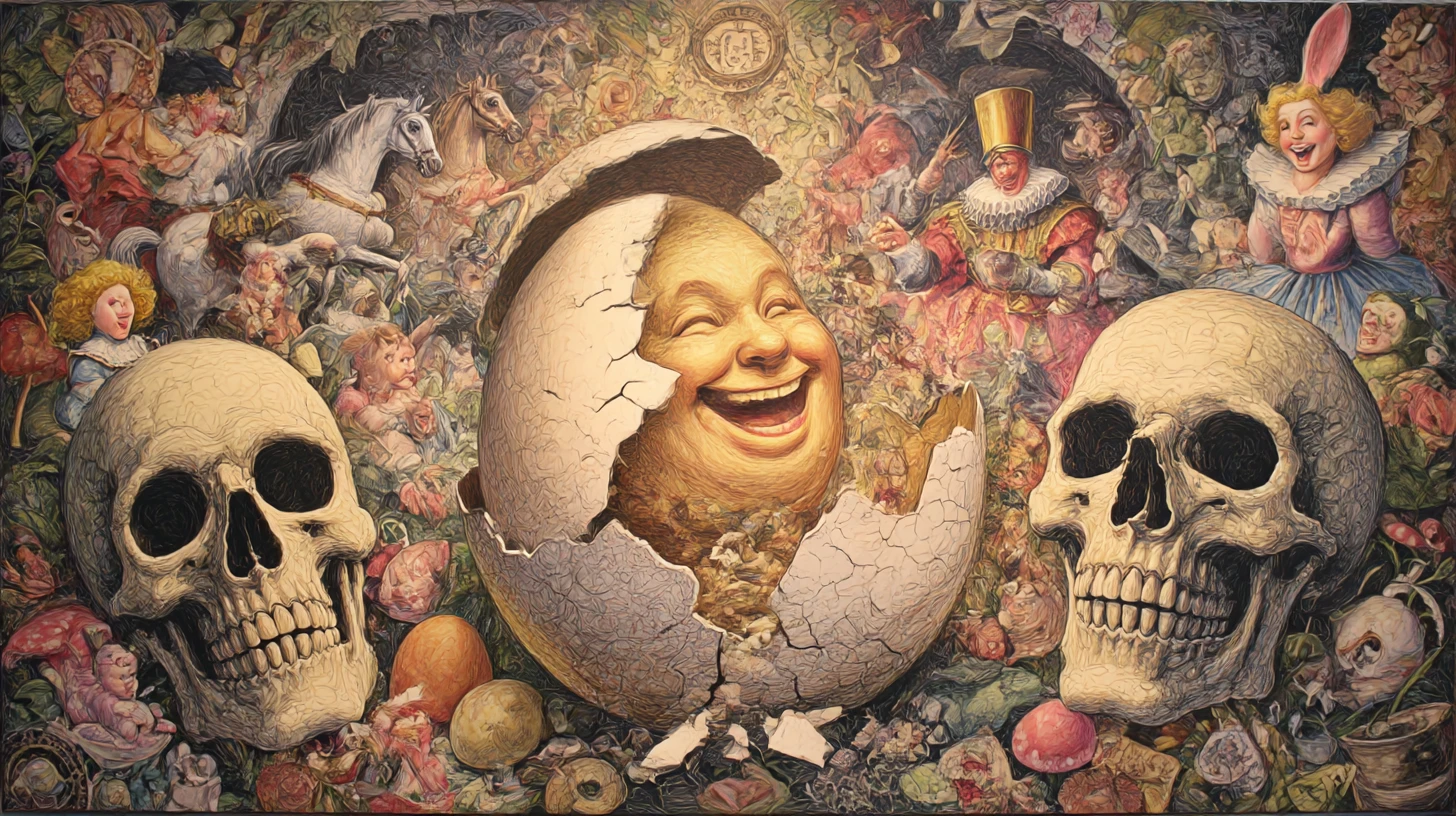 Humpty Dumpty Shattered Among Mocking Fairy Tale Onlookers