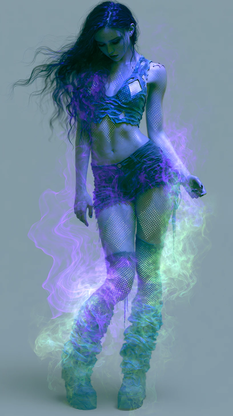 Mujer atrevida en pose dinámica con luz mágica violeta y verde