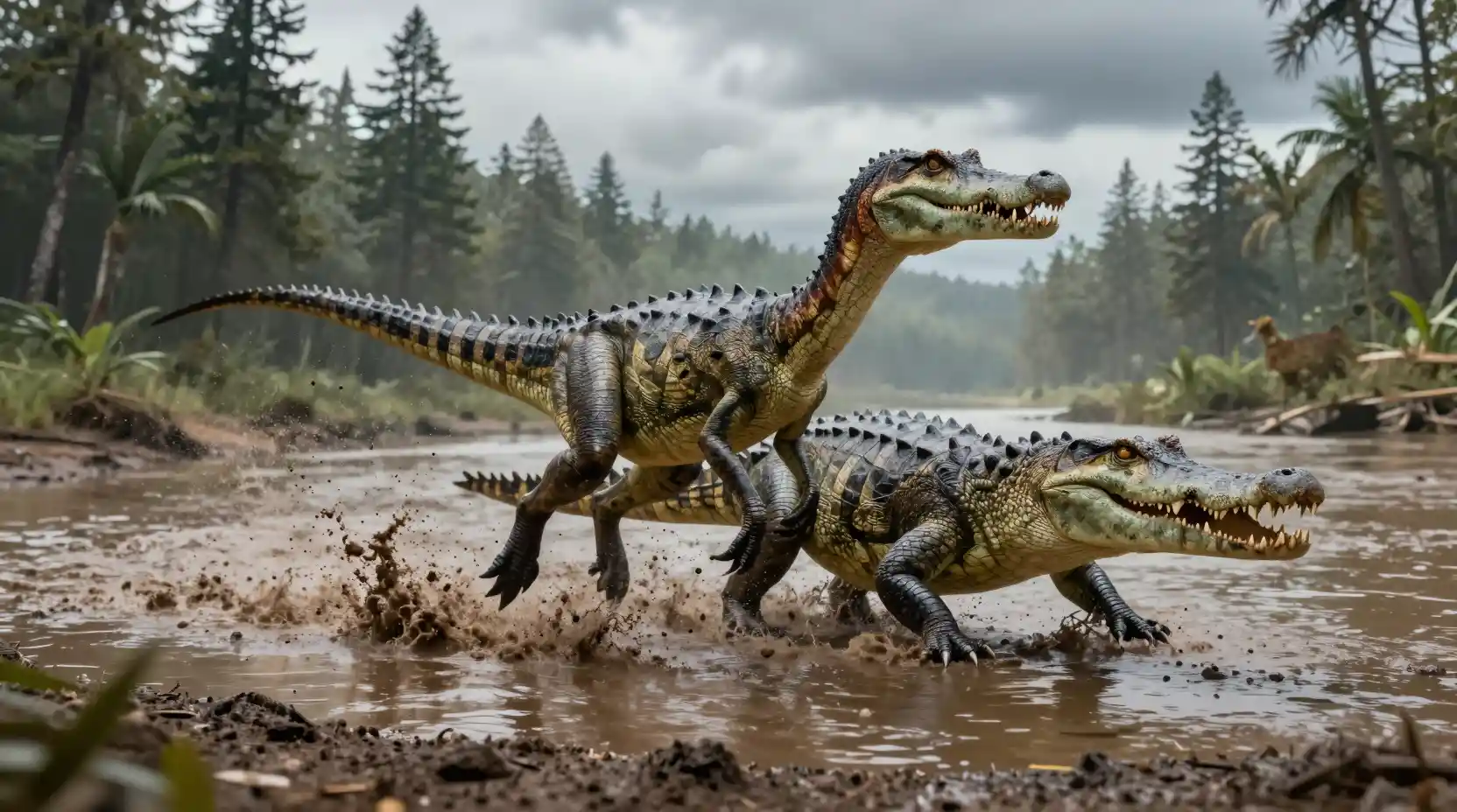 Dinosaur Chased By Crocodylomorph On Muddy Riverbank