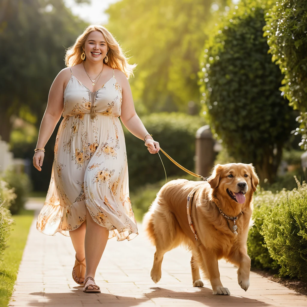 Mujer segura de sí misma paseando a un golden retriever en una cálida escena al aire libre