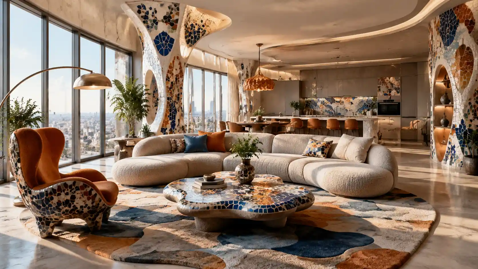 Open plan living room with kitchen and Gaudi inspired accents