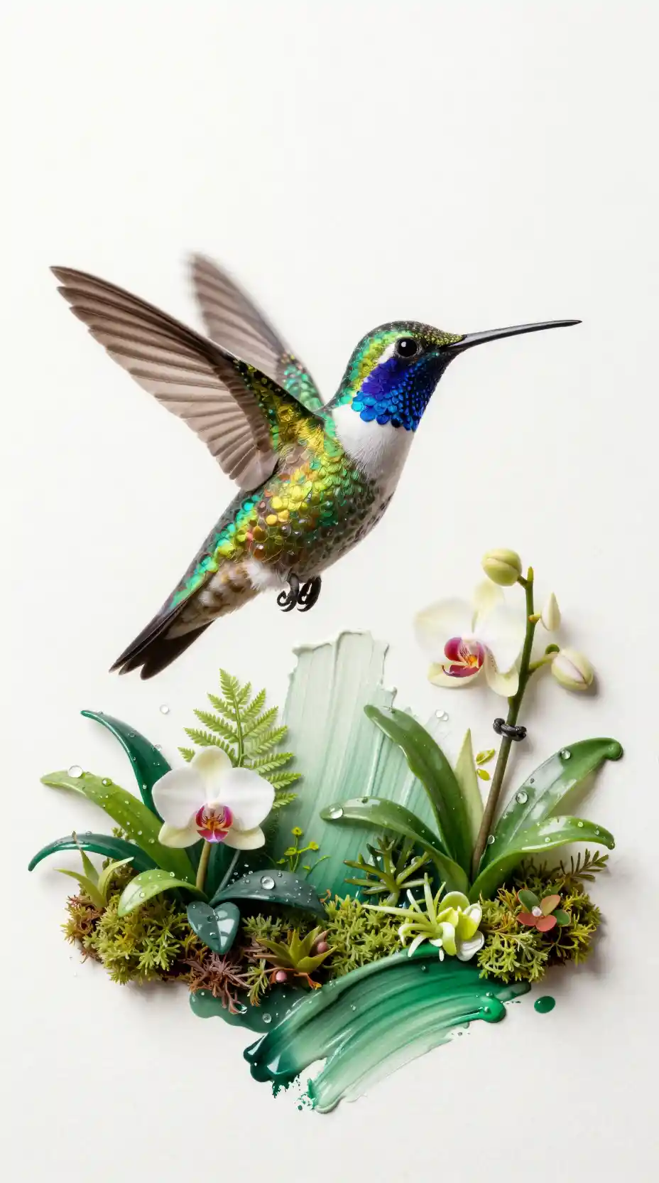 Hummingbird Hovering Above Emerald Paint And Tiny Jungle