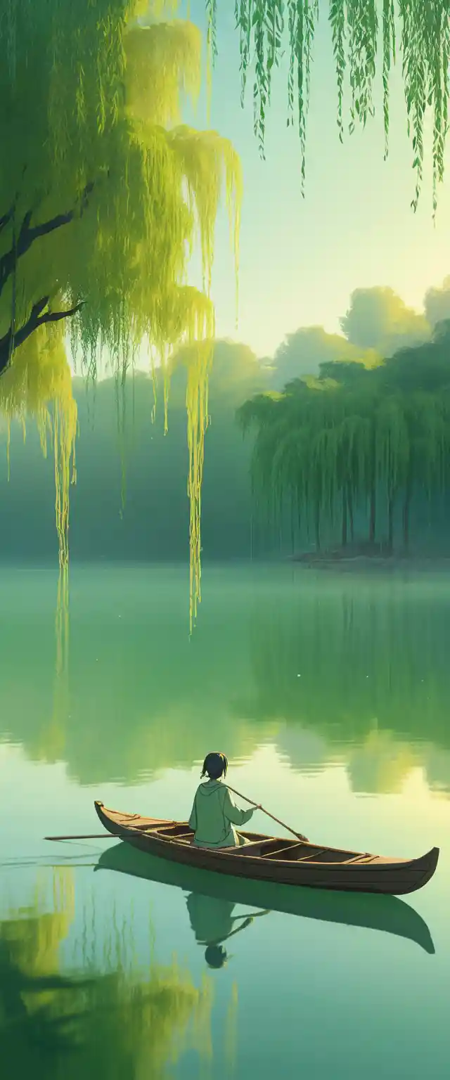 Lonely boat on calm emerald lake in anime illustration