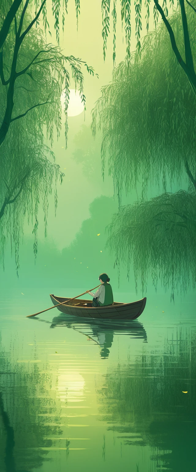 Barca solitaria su un lago smeraldo in illustrazione in stile anime