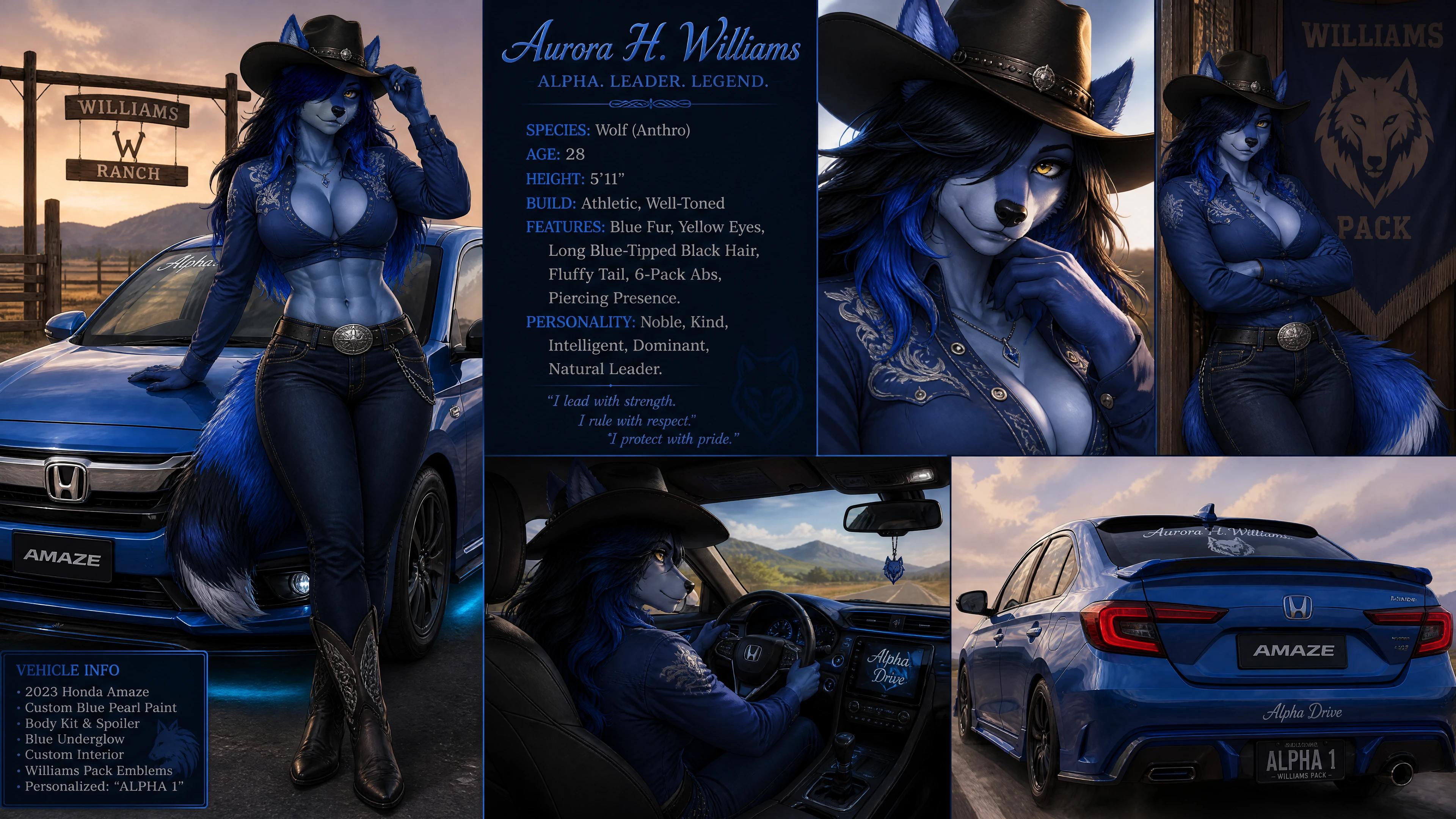 Anthro-blaue Wolf-Cowgirl lehnt selbstbewusst im Western-Outfit