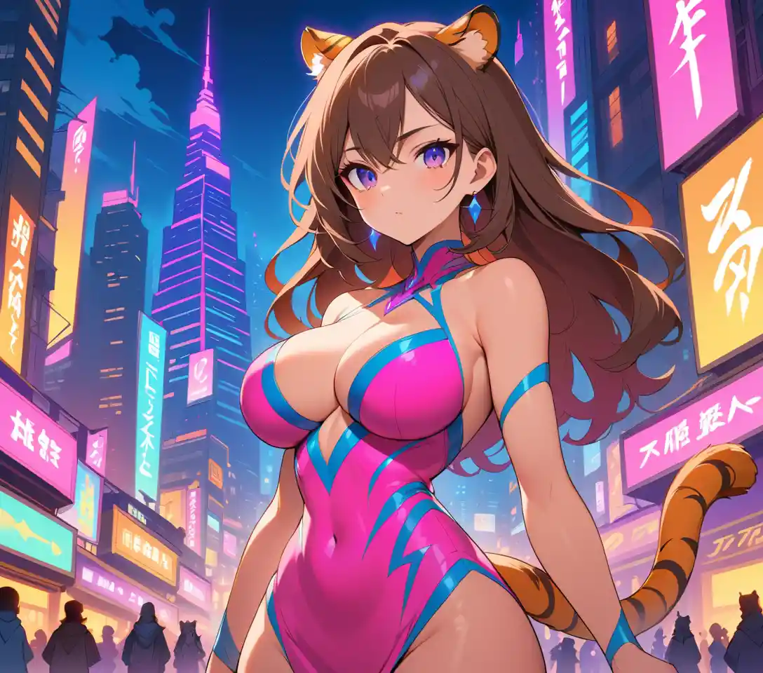 Selbstbewusste Frau in Neonstadt mit tigerinspiriertem Outfit