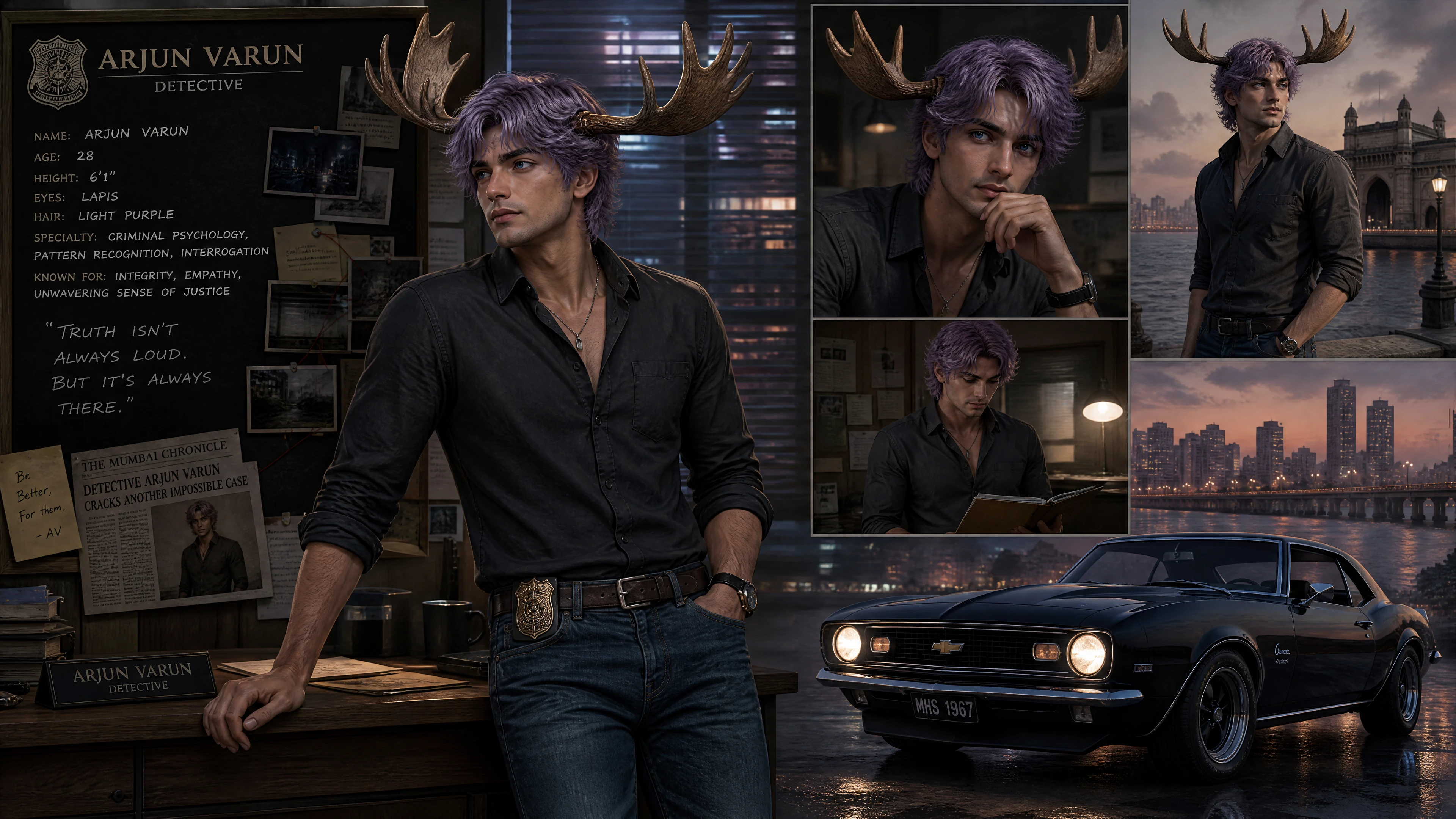 Indian man with antlers driving a classic muscle car