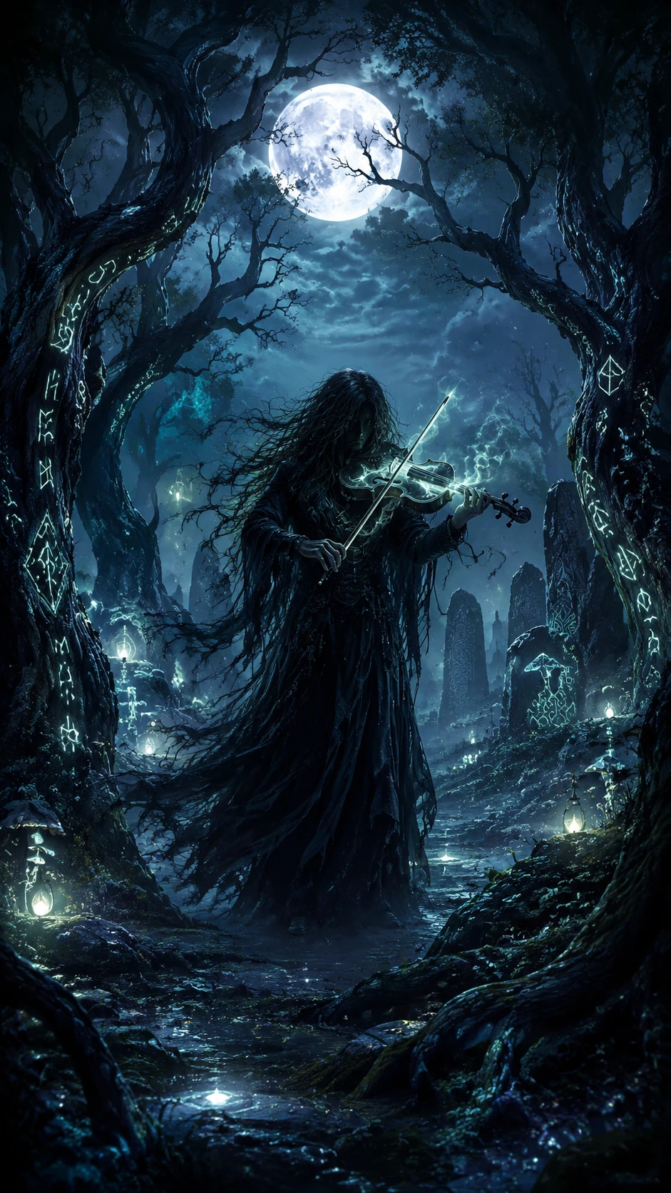 Cloaked figure playing a spectral violin in moonlit forest