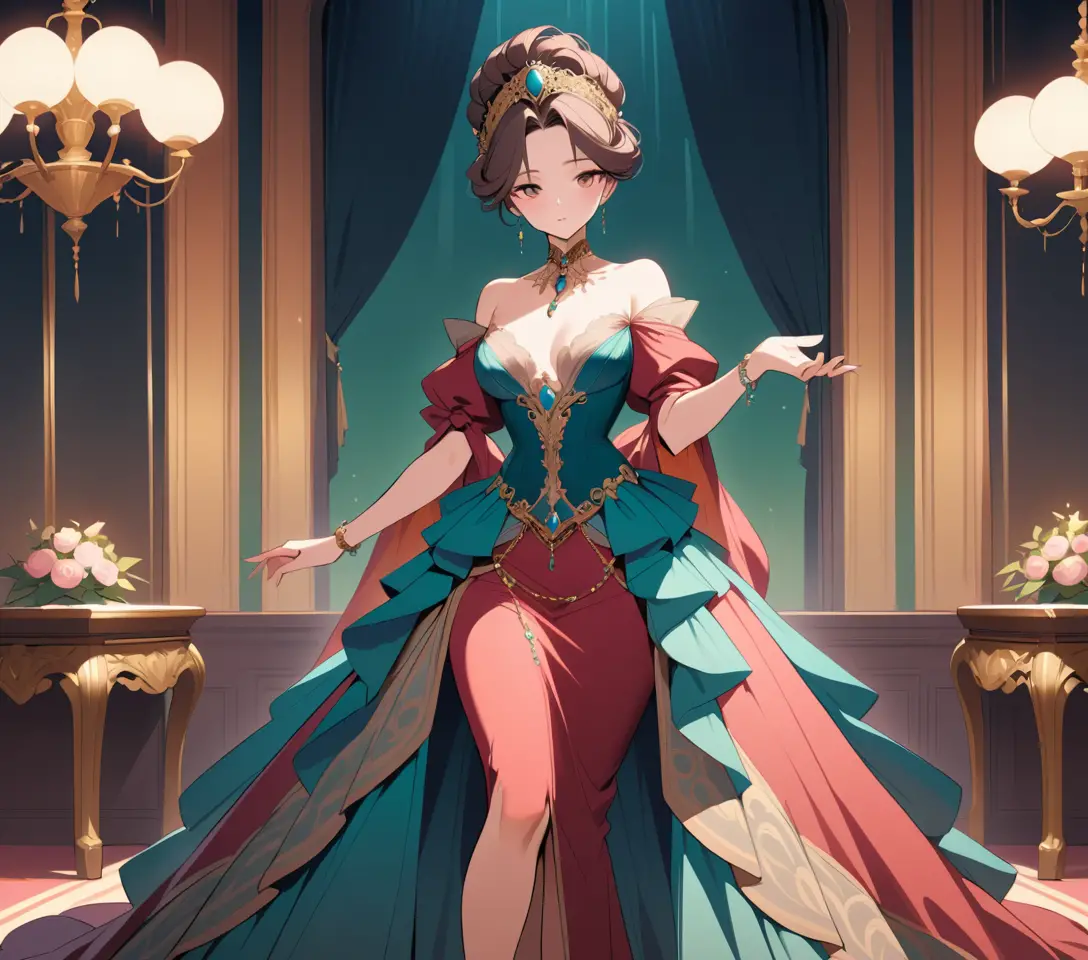 Seductive vintage woman in an opulent guinguette style gown