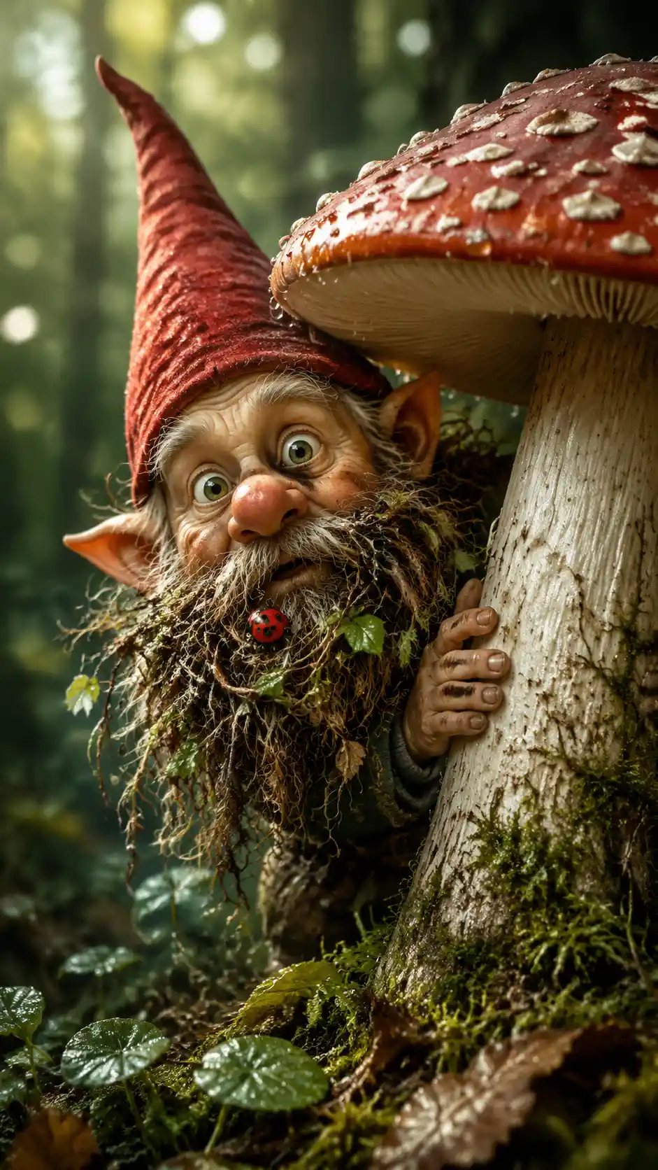 Whimsical gnome portrait hiding behind a giant mushroom