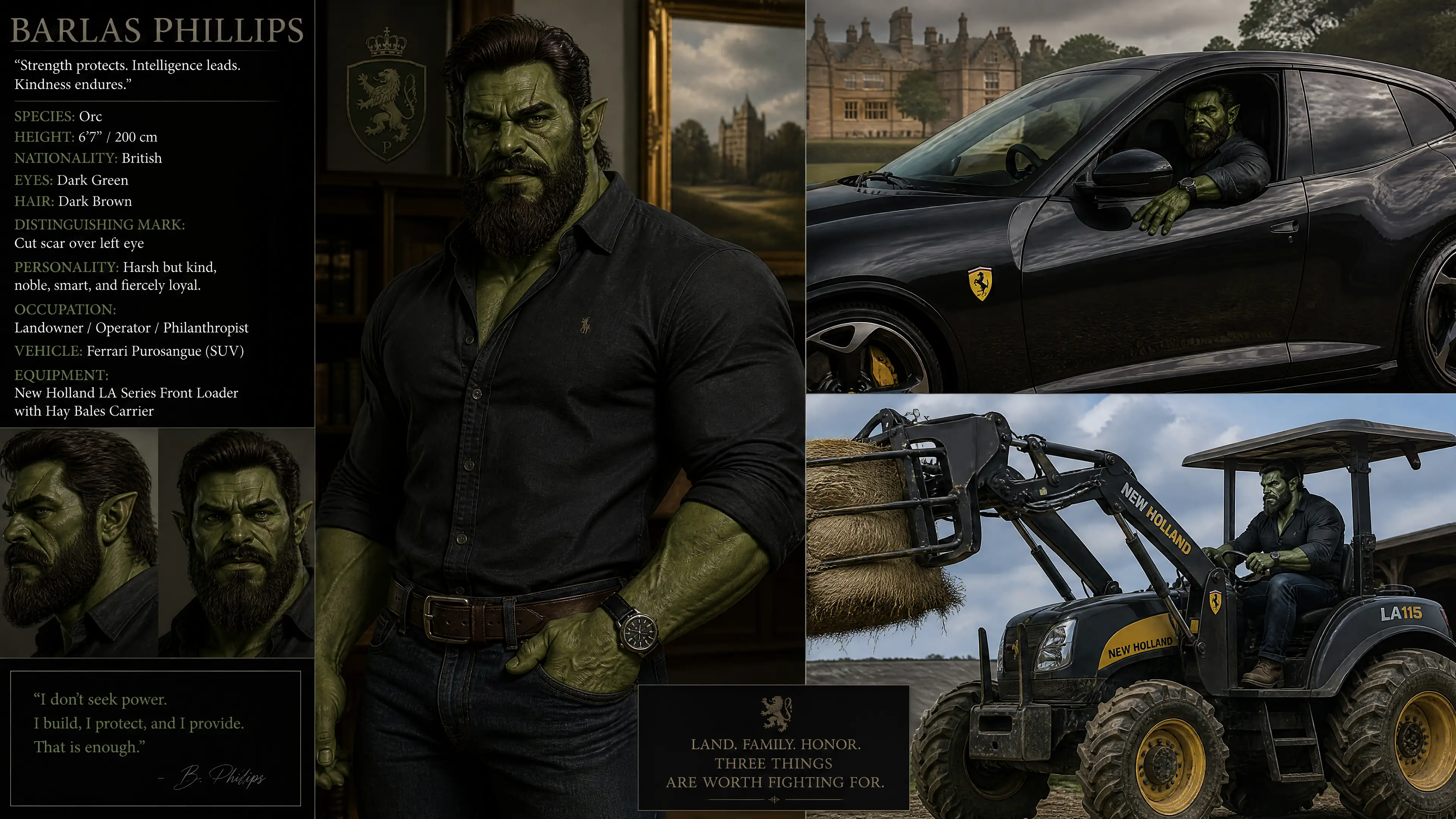 Tall green orc driving a suv ferrari with loader