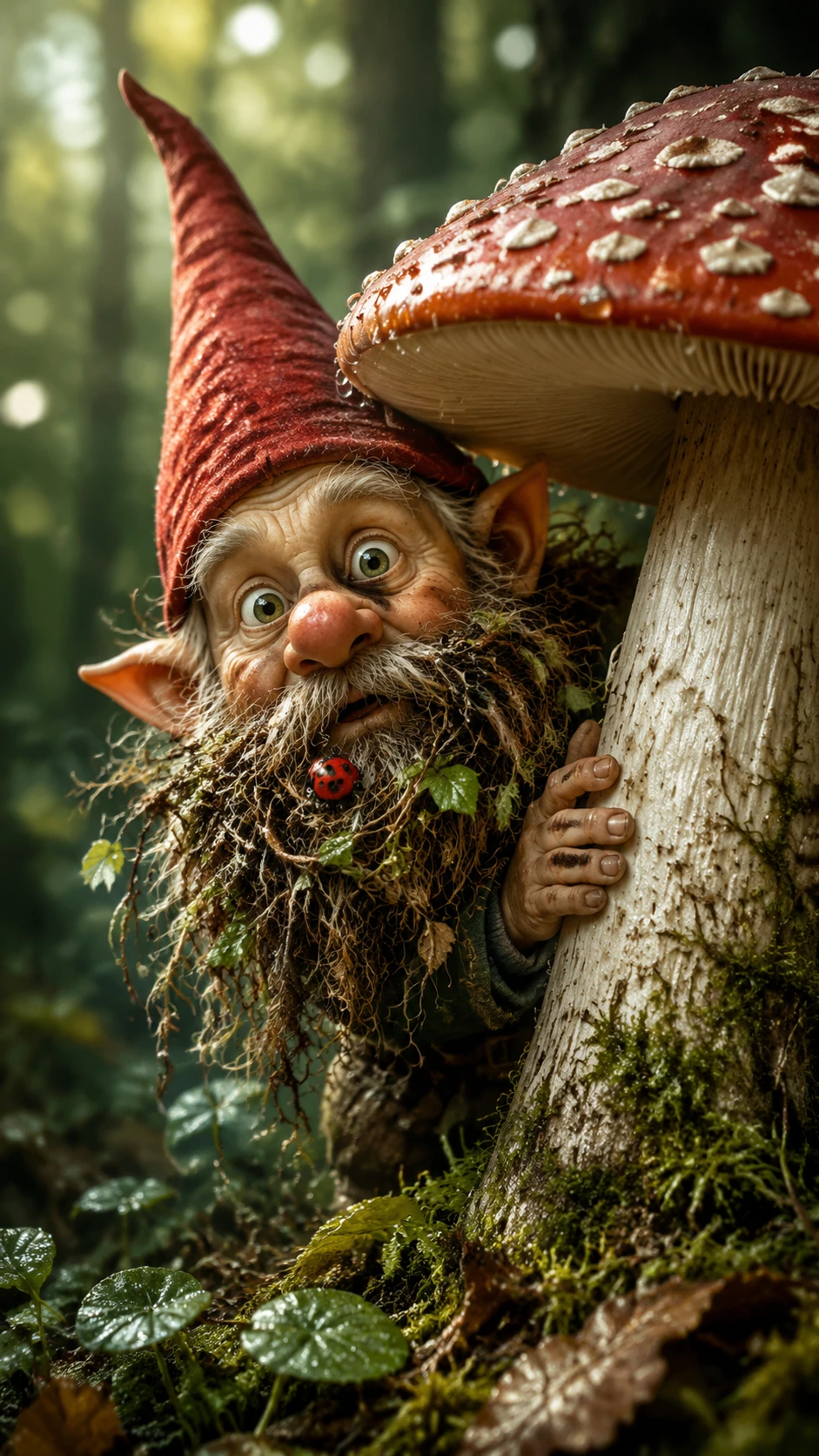 Whimsical gnome portrait hiding behind a giant mushroom