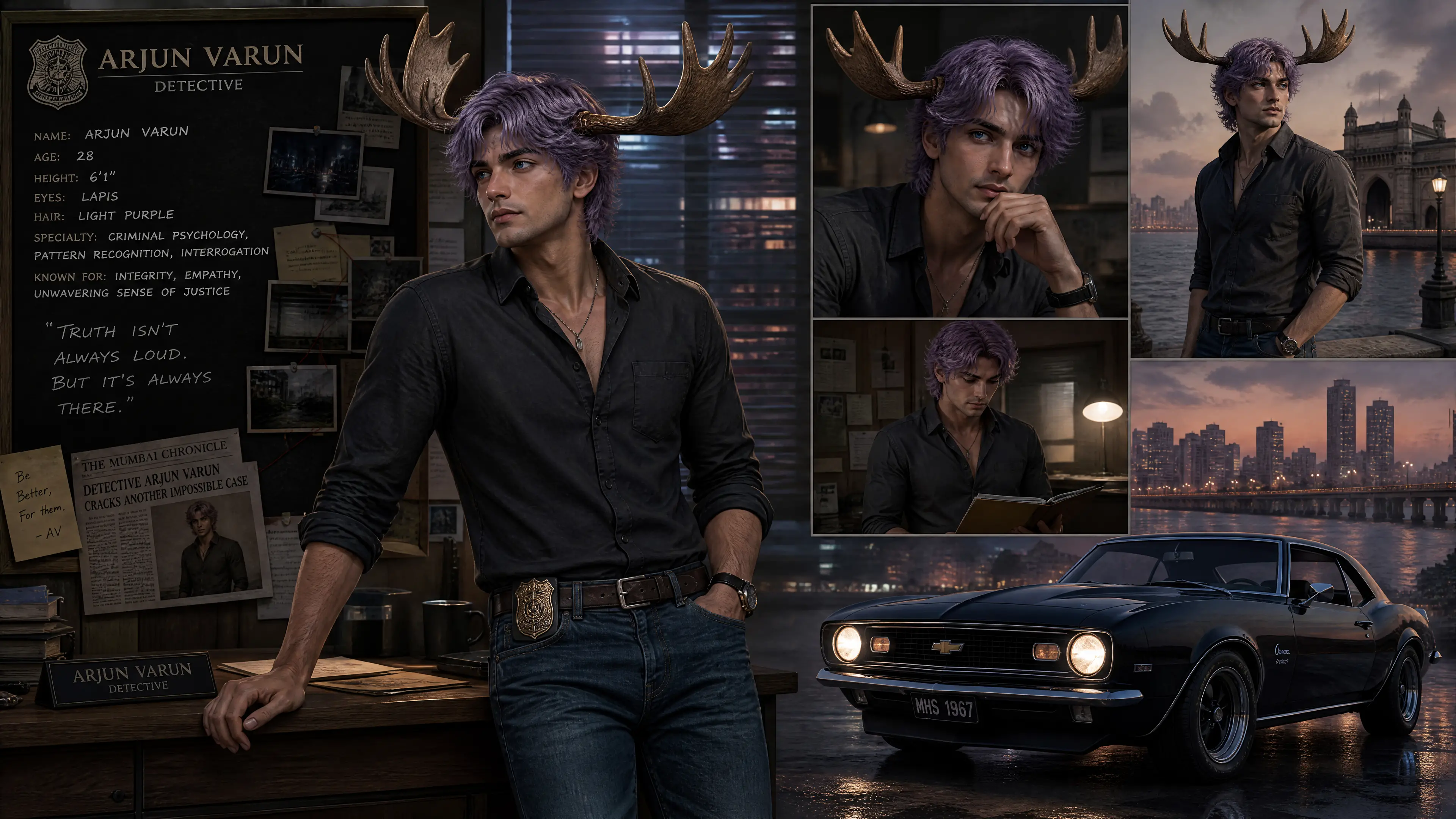 Indian man with antlers driving a classic muscle car