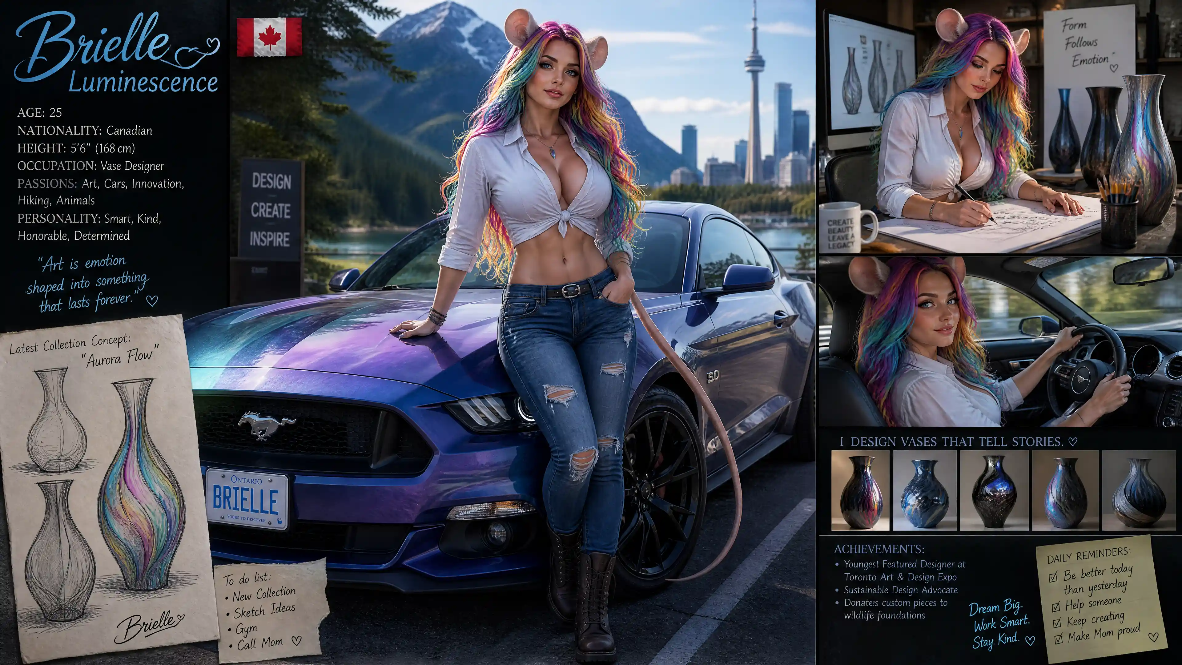 Femme fantastique et colorée avec oreilles de souris et cheveux arc-en-ciel