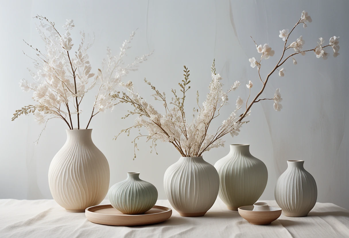 Stilles Japandi-Interieur mit Keramik und natürlichen Zweigen