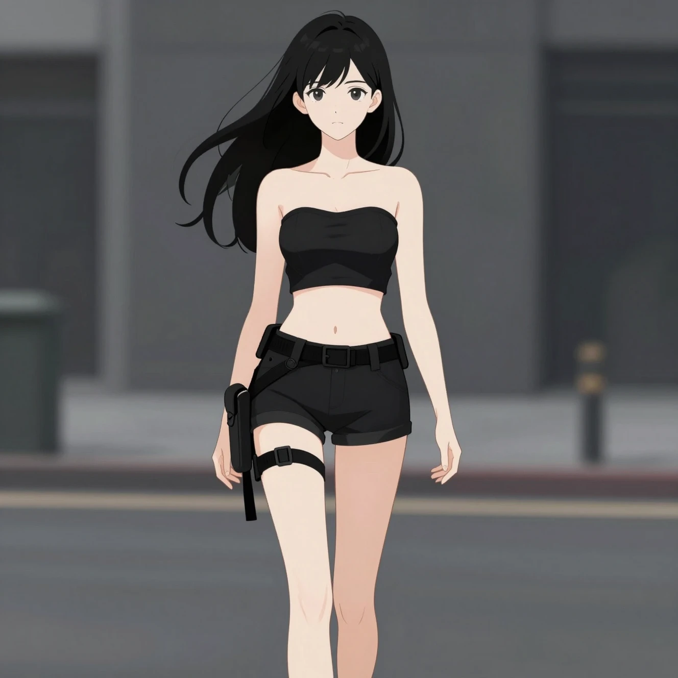 Mujer de anime caminando hacia adelante en escena urbana