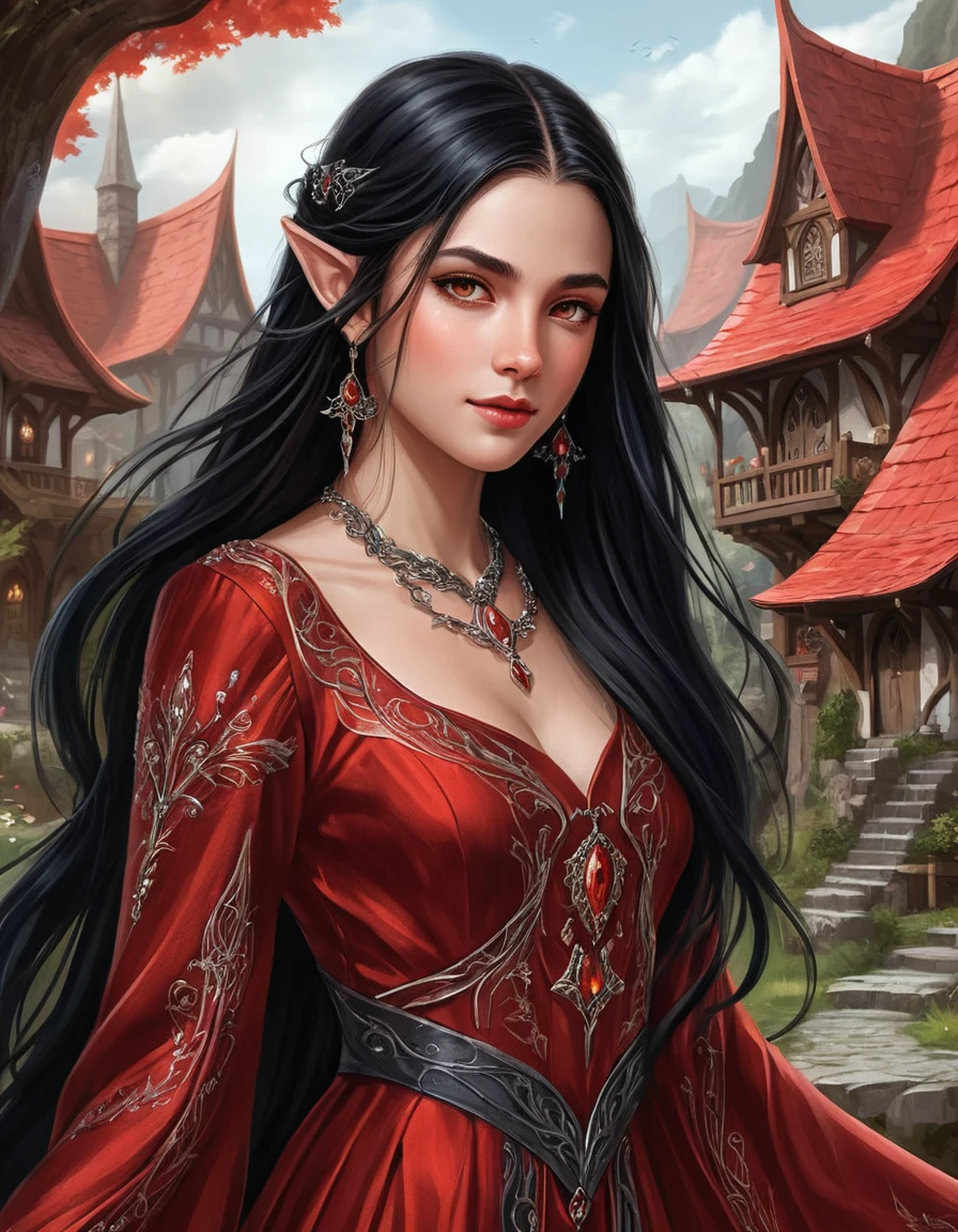 Chica de anime con vestido rojo de fantasía en aldea élfica