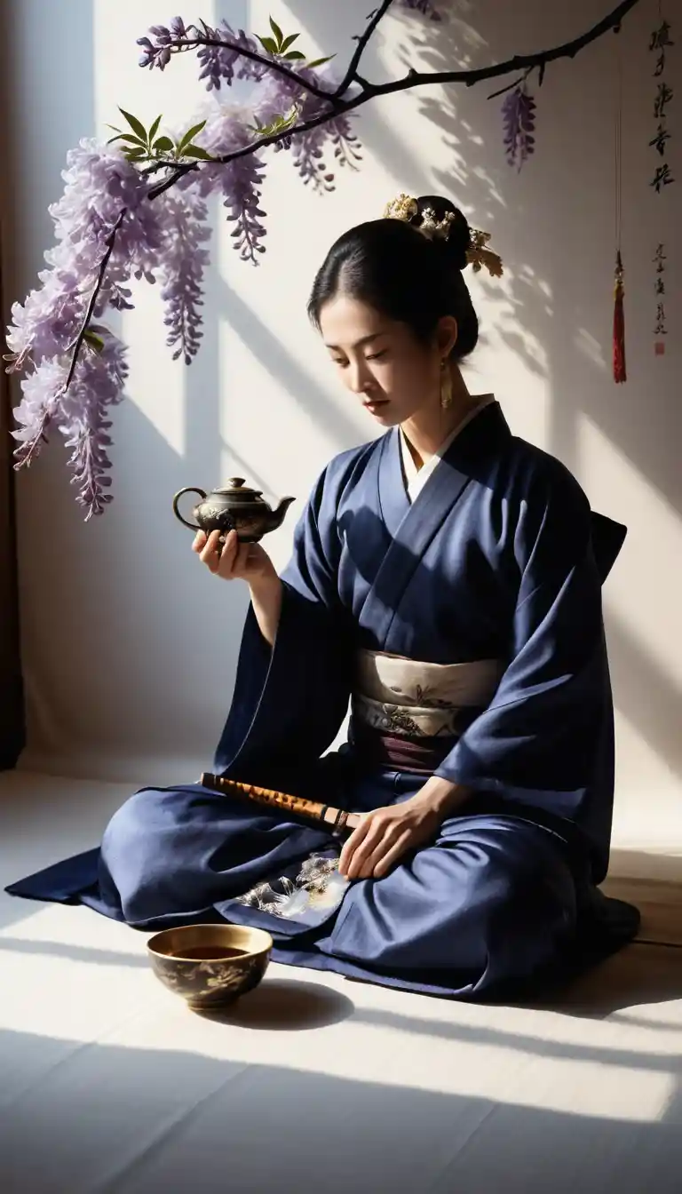 Samurai tea ceremony with dancing shadows and wisteria