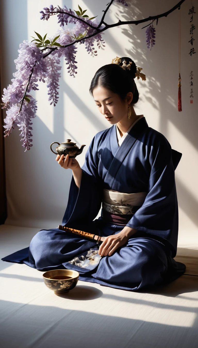 Samurai-Teezeremonie mit tanzenden Schatten und Glyzinien