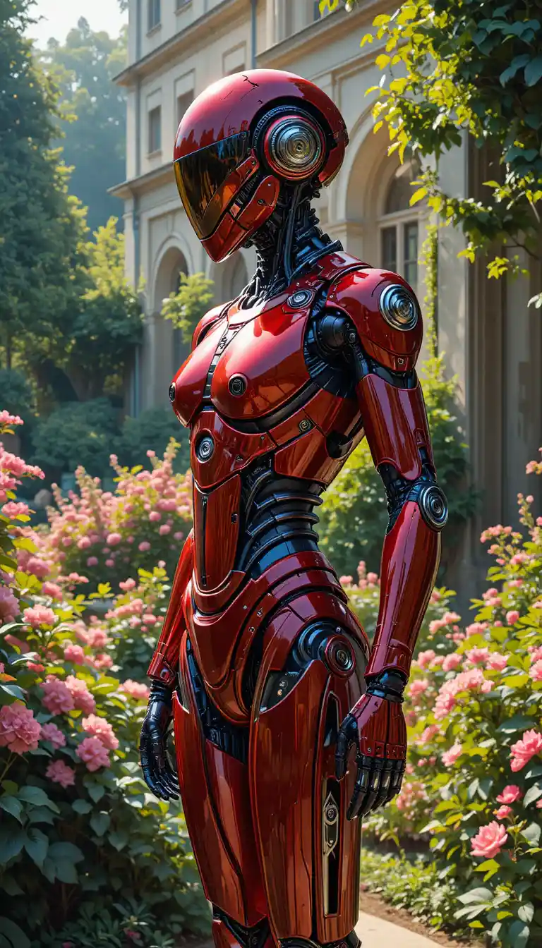 Red humanoid robot in a sunlit classical garden