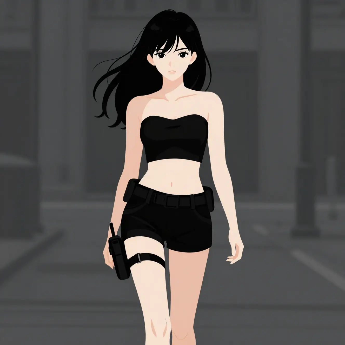 Ragazza anime che cammina in una scena urbana minimalista