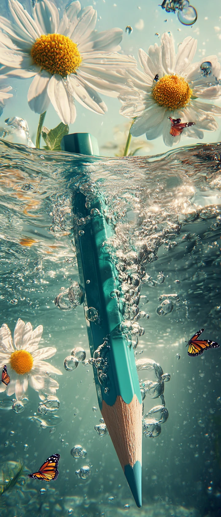 Teal pencil plunging into dreamy underwater world