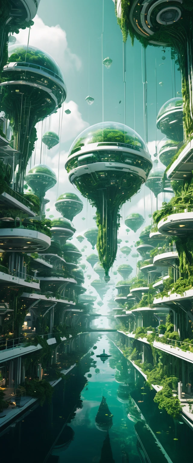 Futuristic Floating City Above A Vast Emerald Ocean
