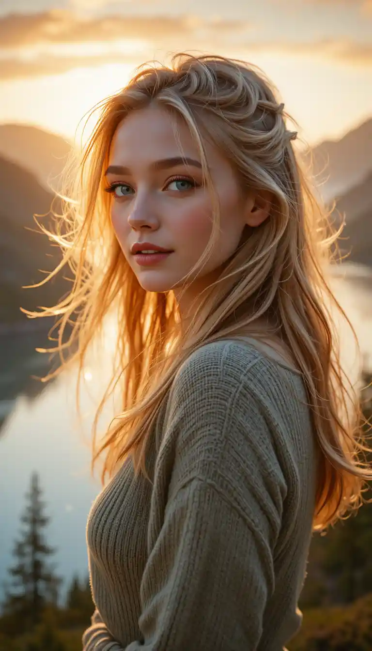 Young woman at misty fjord in warm sunrise light