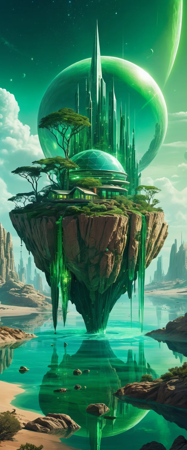 Futuristisches Haus auf felsiger Insel in flüssiger Wüste