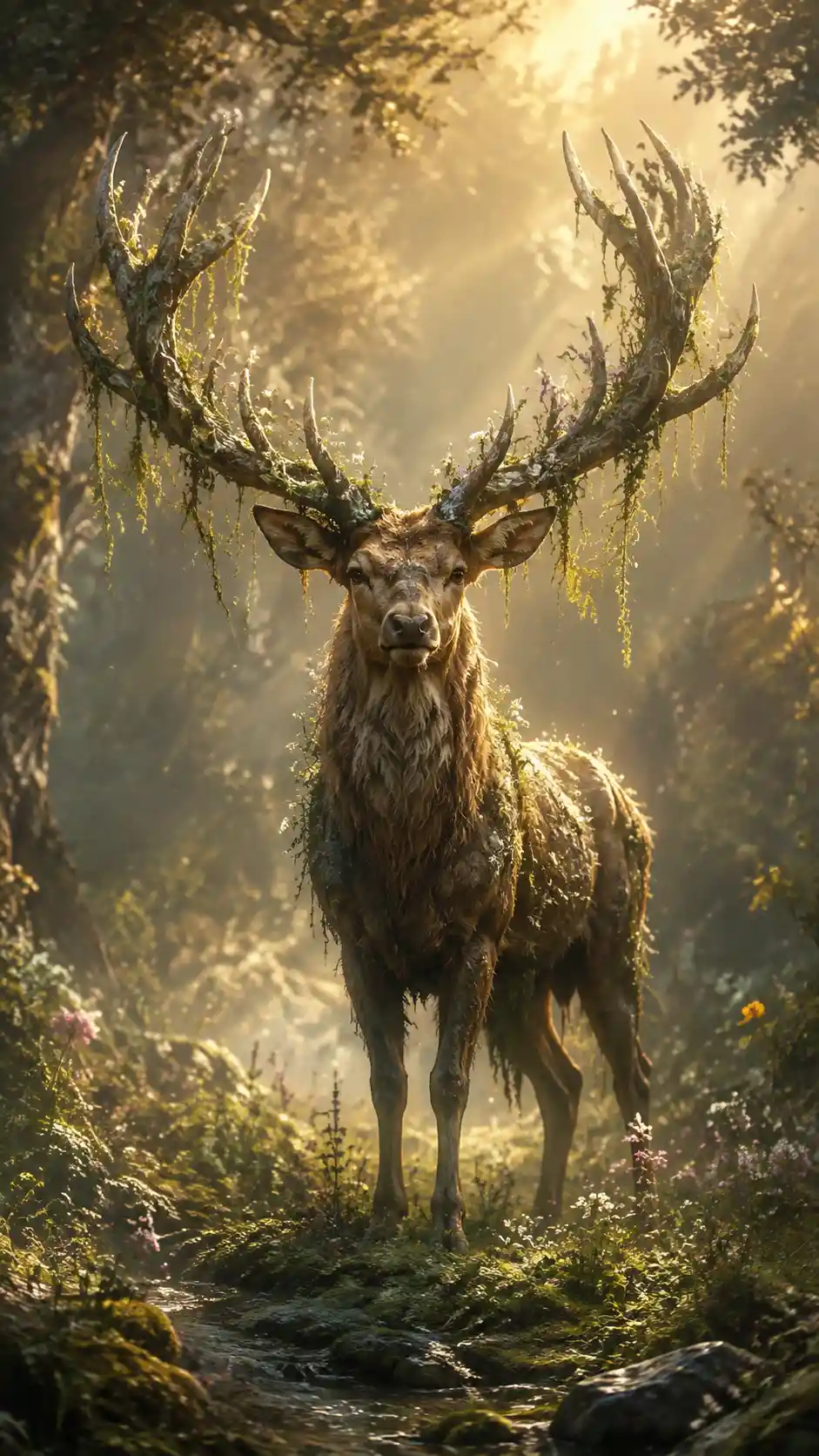 Majestic stag in a glowing sunlit forest clearing