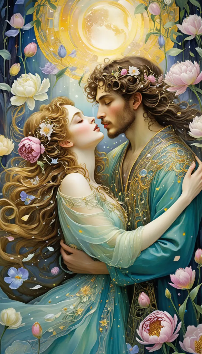 Flores de fantasía romántica que brillan en una luz pura y dichosa