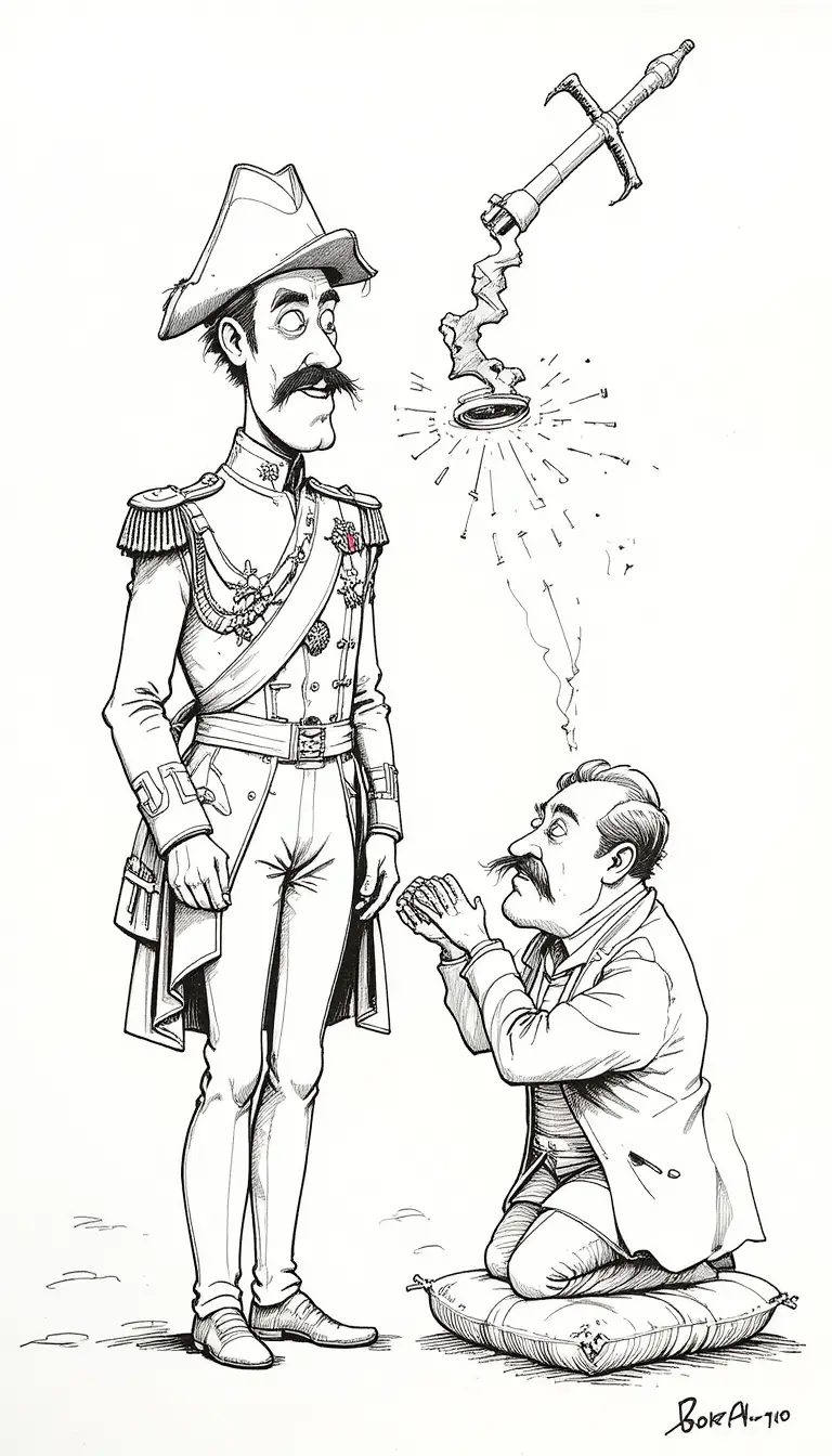Caricatura satírica de un general y un hombre arrodillado con un anillo
