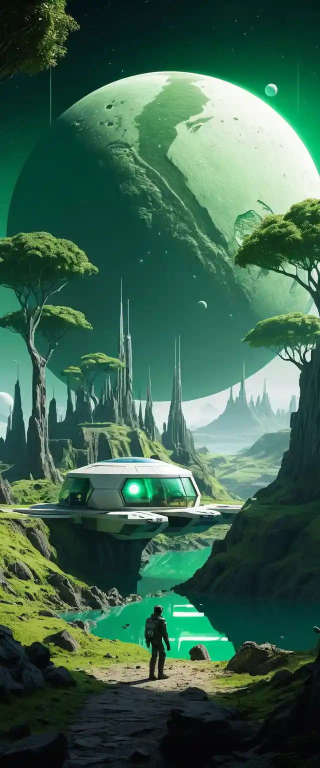 浩瀚翠綠行星下的未來感隕石坑村莊